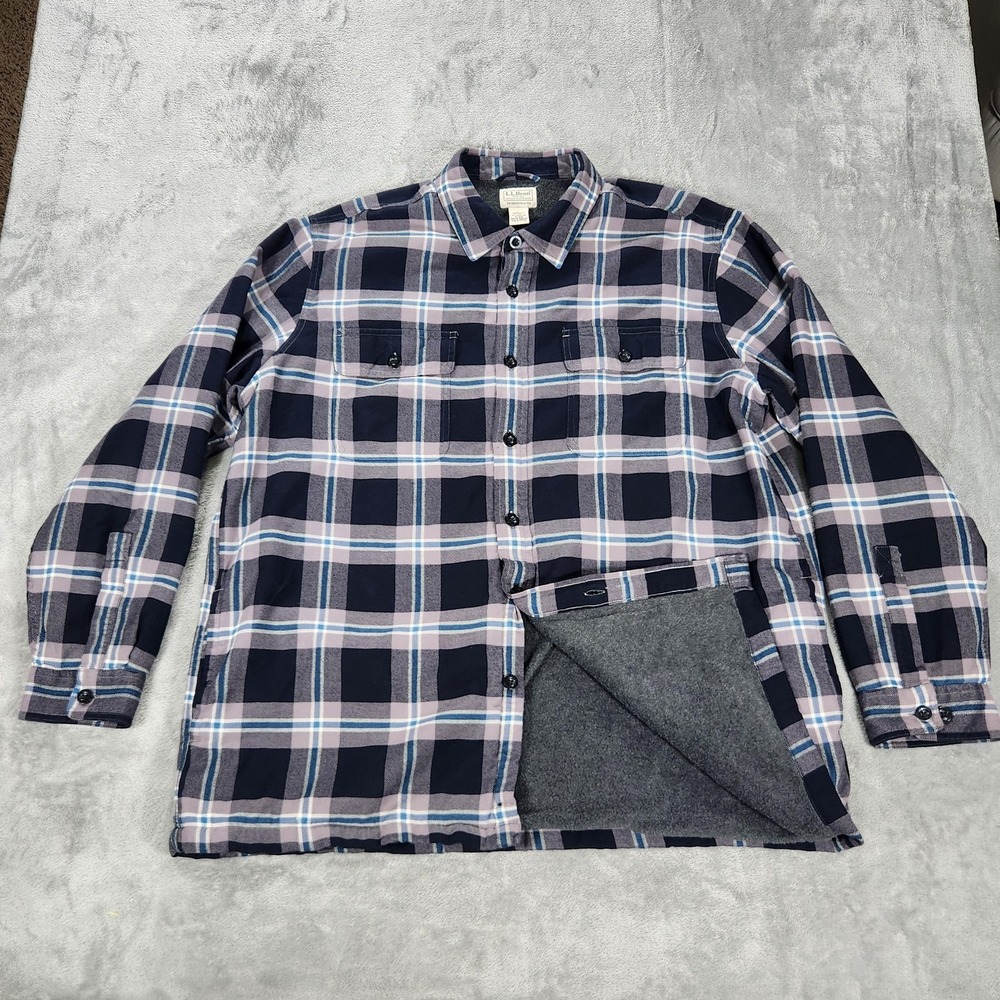 LL Bean Shirt Jacket Mens XL Blue Plaid Fleece Lined Flannel Traditional Fit